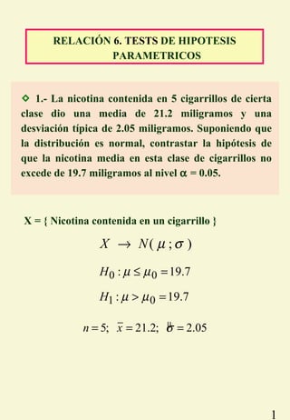 1
RELACIÓN 6. TESTS DE HIPOTESIS
PARAMETRICOS
 1.- La nicotina contenida en 5 cigarrillos de cierta
clase dio una media de 21.2 miligramos y una
desviación típica de 2.05 miligramos. Suponiendo que
la distribución es normal, contrastar la hipótesis de
que la nicotina media en esta clase de cigarrillos no
excede de 19.7 miligramos al nivel α = 0.05.
X = { Nicotina contenida en un cigarrillo }
µ5; 21.2; 2.05n x σ= = =
0 0
1 0
: 19.7
: 19.7
H
H
µ µ
µ µ
≤ =
> =
( ; )X N µ σ→
 