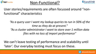 @esconfs|#esconfs
Non-Functional?
User stories/requirements are often focussed around “non-
functional” characteristics
“As a query user I want my lookup queries to run in 50% of the
time as they do at present.”
“As a cluster administrator I want to store over 1 million data
files with no loss of import performance”
We can’t leave testing of performance and scalability until
‘later’. Our everyday testing must focus on these.
 