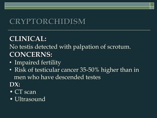 CRYPTORCHIDISM

CLINICAL:
No testis detected with palpation of scrotum.
CONCERNS:
• Impaired fertility
• Risk of testicular cancer 35-50% higher than in
  men who have descended testes
DX:
• CT scan
• Ultrasound
 