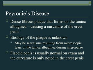 Peyronie’s Disease
   Dense fibrous plaque that forms on the tunica
    albuginea – causing a curvature of the erect
    penis
   Etiology of the plaque is unknown
       May be scar tissue resulting from microscopic
        tears of the tunica albuginea during intercourse
   Flaccid penis is usually normal on exam and
    the curvature is only noted in the erect penis
 