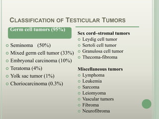 CLASSIFICATION OF TESTICULAR TUMORS
 Seminoma (50%)
 Mixed germ cell tumor (33%)
 Embryonal carcinoma (10%)
 Teratoma (4%)
 Yolk sac tumor (1%)
 Choriocarcinoma (0.3%)
Sex cord–stromal tumors
 Leydig cell tumor
 Sertoli cell tumor
 Granulosa cell tumor
 Thecoma-fibroma
Miscellaneous tumors
 Lymphoma
 Leukemia
 Sarcoma
 Leiomyoma
 Vascular tumors
 Fibroma
 Neurofibroma
Germ cell tumors (95%)
 