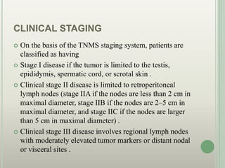 CLINICAL STAGING
 On the basis of the TNMS staging system, patients are
classified as having
 Stage I disease if the tumor is limited to the testis,
epididymis, spermatic cord, or scrotal skin .
 Clinical stage II disease is limited to retroperitoneal
lymph nodes (stage IIA if the nodes are less than 2 cm in
maximal diameter, stage IIB if the nodes are 2–5 cm in
maximal diameter, and stage IIC if the nodes are larger
than 5 cm in maximal diameter) .
 Clinical stage III disease involves regional lymph nodes
with moderately elevated tumor markers or distant nodal
or visceral sites .
 