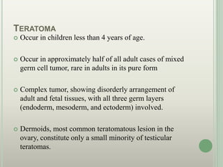 TERATOMA
 Occur in children less than 4 years of age.
 Occur in approximately half of all adult cases of mixed
germ cell tumor, rare in adults in its pure form
 Complex tumor, showing disorderly arrangement of
adult and fetal tissues, with all three germ layers
(endoderm, mesoderm, and ectoderm) involved.
 Dermoids, most common teratomatous lesion in the
ovary, constitute only a small minority of testicular
teratomas.
 