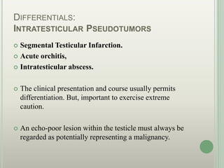 DIFFERENTIALS:
INTRATESTICULAR PSEUDOTUMORS
 Segmental Testicular Infarction.
 Acute orchitis,
 Intratesticular abscess.
 The clinical presentation and course usually permits
differentiation. But, important to exercise extreme
caution.
 An echo-poor lesion within the testicle must always be
regarded as potentially representing a malignancy.
 