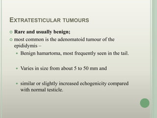 EXTRATESTICULAR TUMOURS
 Rare and usually benign;
 most common is the adenomatoid tumour of the
epididymis –
 Benign hamartoma, most frequently seen in the tail.
 Varies in size from about 5 to 50 mm and
 similar or slightly increased echogenicity compared
with normal testicle.
 