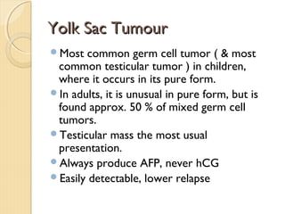 Yolk Sac TumourYolk Sac Tumour
Most common germ cell tumor ( & most
common testicular tumor ) in children,
where it occurs in its pure form.
In adults, it is unusual in pure form, but is
found approx. 50 % of mixed germ cell
tumors.
Testicular mass the most usual
presentation.
Always produce AFP, never hCG
Easily detectable, lower relapse
 