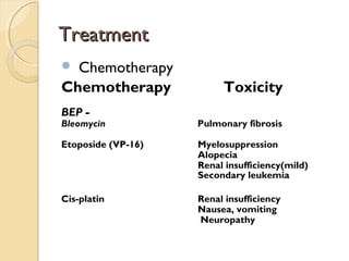 TreatmentTreatment
 Chemotherapy
Chemotherapy Toxicity
BEP -
Bleomycin Pulmonary fibrosis
Etoposide (VP-16) Myelosuppression
Alopecia
Renal insufficiency(mild)
Secondary leukemia
Cis-platin Renal insufficiency
Nausea, vomiting
Neuropathy
 