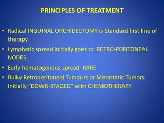 Treatment of Seminomas

Stage I, IIA, IIB –
Radical Inguinal Orichidectomy followed by
radiotherapy to Ipsilateral Retrope...