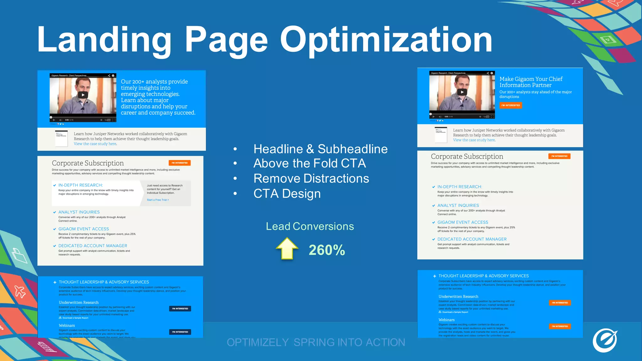 OPTIMIZELY SPRING INTO ACTION
• Headline & Subheadline
• Above the Fold CTA
• Remove Distractions
• CTA Design
Landing Page Optimization
260%
Lead Conversions
 