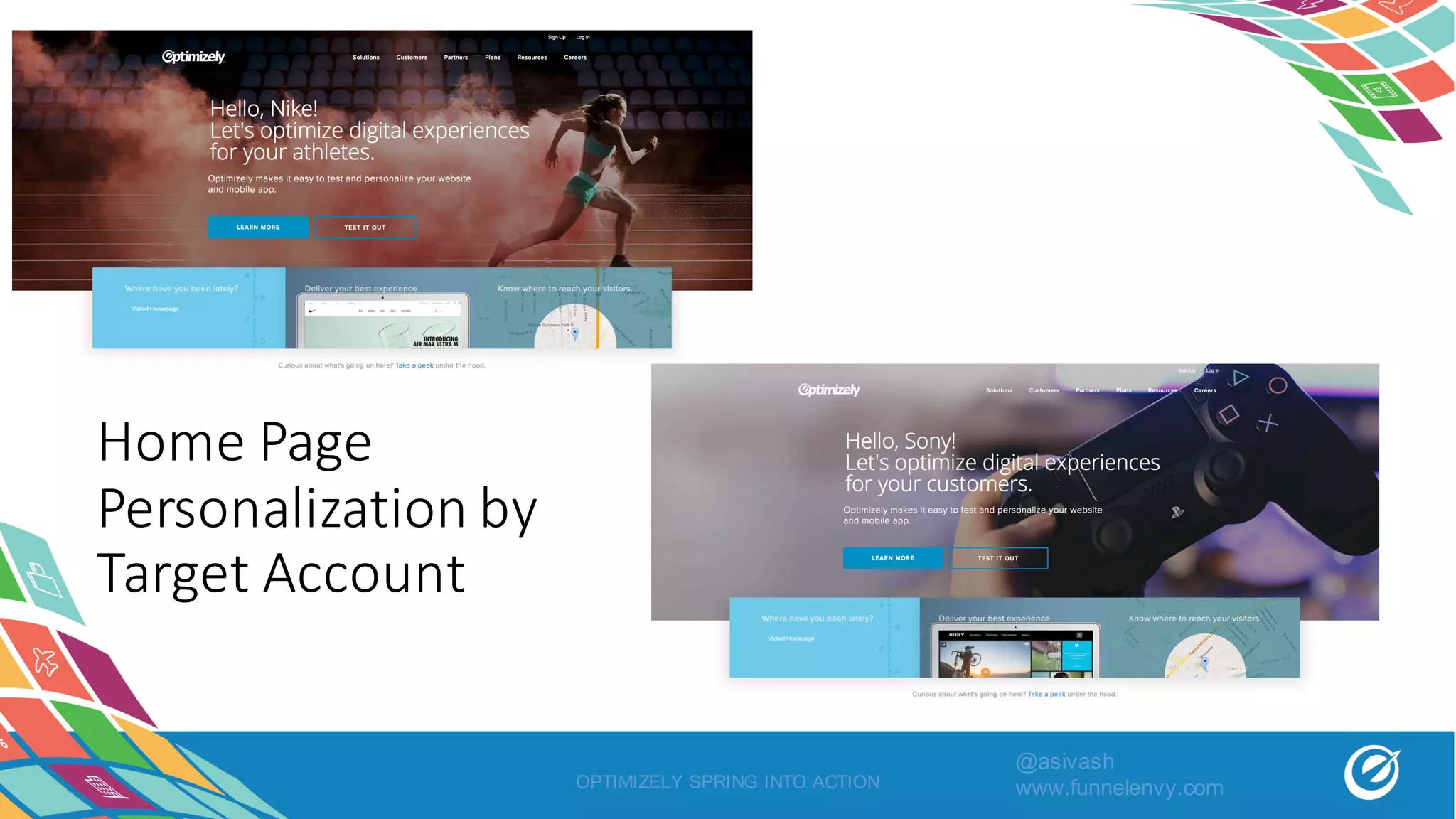 OPTIMIZELY SPRING INTO ACTION
Home	Page	
Personalization	by	
Target	Account
@asivash
www.funnelenvy.com
 