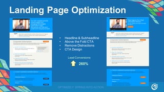 OPTIMIZELY SPRING INTO ACTION
• Headline & Subheadline
• Above the Fold CTA
• Remove Distractions
• CTA Design
Landing Page Optimization
260%
Lead Conversions
 