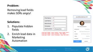 Problem:
Removing	lead	fields	
makes	SDRs	angry!
Solutions:
1. Populate	hidden	
fields
2. Enrich	lead	data	in	
Marketing	
Automation
OPTIMIZELY SPRING INTO ACTION
<input type=“hidden” name=“industry” value=“Health Care”/>
<input type=“hidden” name=“company” value=“IBM”/>
<input type=“hidden” name=“Employees” value=“500-1000”/>
@asivash
www.funnelenvy.com
 