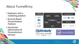 About	FunnelEnvy
• Engineers	with	a	
marketing	problem
• Account	Based	
Personalization	
Platform
• Conversion	
Optimization	&	
Personalization	
Services
OPTIMIZELY SPRING INTO ACTION
Behavioral
Targeting
Intelligence
Reports
Account
Data
Marketing
Integrations
Audience
Management
Campaign Management
Web Analytics
Marketing
Automation/CRM
@asivash
www.funnelenvy.com
 