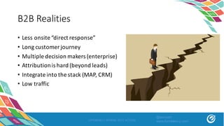 B2B	Realities
• Less	onsite	“direct	response”	
• Long	customer	journey
• Multiple	decision	makers	(enterprise)
• Attribution	is	hard	(beyond	leads)
• Integrate	into	the	stack	(MAP,	CRM)
• Low	traffic
OPTIMIZELY SPRING INTO ACTION
@asivash
www.funnelenvy.com
 