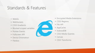 Standards & Features
• WebGL
• WebSockets
• CSS3 Gradients
• Blocked scoped variables
• Pointer Events
• Fullscreen API
• Device Orientation
• Flexbox
• Encrypted Media Extensions
• CSS3 Regions
• File API
• AppCache
• IndexedDB
• CSS3 Media Queries
• Canvas
• CSS3 Transforms
 