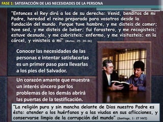 FASE 1: SATISFACCIÓN DE LAS NECESIDADES DE LA PERSONA

     “Entonces el Rey dirá a los de su derecha: Venid, benditos de mi
     Padre, heredad el reino preparado para vosotros desde la
     fundación del mundo. Porque tuve hambre, y me disteis de comer;
     tuve sed, y me disteis de beber; fui forastero, y me recogisteis;
     estuve desnudo, y me cubristeis; enfermo, y me visitasteis; en la
     cárcel, y vinisteis a mí” (Mateo, 25: 34-36)

       Conocer las necesidades de las
       personas e intentar satisfacerlas
       es un primer paso para llevarlas
       a los pies del Salvador.
       Un corazón amante que muestra
       un interés sincero por los
       problemas de los demás abrirá
       las puertas de la testificación.
      “La religión pura y sin mancha delante de Dios nuestro Padre es
      ésta: atender a los huérfanos y a las viudas en sus aflicciones, y
      conservarse limpio de la corrupción del mundo” (Santiago, 1: 27 NVI)
 