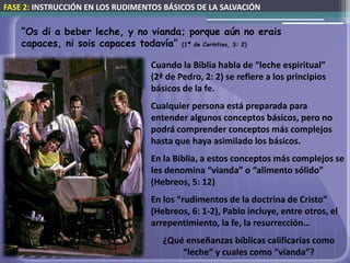 FASE 2: INSTRUCCIÓN EN LOS RUDIMENTOS BÁSICOS DE LA SALVACIÓN

    “Os di a beber leche, y no vianda; porque aún no erais
    capaces, ni sois capaces todavía” (1ª de Corintios, 3: 2)

                                   Cuando la Biblia habla de “leche espiritual”
                                   (2ª de Pedro, 2: 2) se refiere a los principios
                                   básicos de la fe.
                                   Cualquier persona está preparada para
                                   entender algunos conceptos básicos, pero no
                                   podrá comprender conceptos más complejos
                                   hasta que haya asimilado los básicos.
                                   En la Biblia, a estos conceptos más complejos se
                                   les denomina “vianda” o “alimento sólido”
                                   (Hebreos, 5: 12)
                                   En los “rudimentos de la doctrina de Cristo”
                                   (Hebreos, 6: 1-2), Pablo incluye, entre otros, el
                                   arrepentimiento, la fe, la resurrección…
                                      ¿Qué enseñanzas bíblicas calificarías como
                                          “leche” y cuales como “vianda”?
 