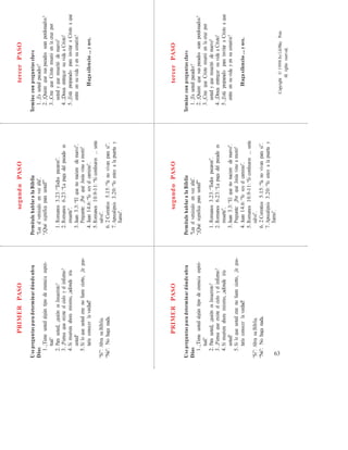 63
PRIMERPASO
Usepreguntasparadeterminardóndeobra
Dios
1.¿Tieneustedalgúntipodecreenciaespiri-
segundoPASO
PermítalehablaralaBiblia
“Leaelversículoenvozalta”.
“¿Quésignificaparausted?”
tercerPASO
Termineconpreguntasclave
1.¿Esustedpecador?
2.¿Quierequesuspecadosseanperdonados?
tual?
2.Parausted,¿quiénesJesucristo?
3.¿Piensaqueexisteelcieloyelinfierno?
4.Simurieraahoramismo,¿adóndeiría
usted?
5.Siloqueustedcreenofueracierto,¿legus-
taríaconocerlaverdad?
“Sí”:AbrasuBiblia.
“No”:Nohaganada.
PRIMERPASO
Usepreguntasparadeterminardóndeobra
Dios
1.¿Tieneustedalgúntipodecreenciaespiri-
tual?
2.Parausted,¿quiénesJesucristo?
3.¿Piensaqueexisteelcieloyelinfierno?
4.Simurieraahoramismo,¿adóndeiría
usted?
5.Siloqueustedcreenofueracierto,¿legus-
taríaconocerlaverdad?
“Sí”:AbrasuBiblia.
“No”:Nohaganada.
1.Romanos3.23:“Todospecaron”.
2.Romanos6.23:“Lapagadelpecadoes
muerte”.
3.Juan3.3:“Elquenonacieredenuevo”.
Pregunte:¿PorquéJesúsvinoamorir?
4.Juan14.6:“Yosoyelcamino”.
5.Romanos10.9-11:“Siconfesares...serás
salvo”.
6.2Corintios5.15:“Yanovivanparasí”.
7.Apocalipsis3.20:“Yoestoyalapuertay
llamo”.
segundoPASO
PermítalehablaralaBiblia
“Leaelversículoenvozalta”.
“¿Quésignificaparausted?”
1.Romanos3.23:“Todospecaron”.
2.Romanos6.23:“Lapagadelpecadoes
muerte”.
3.Juan3.3:“Elquenonacieredenuevo”.
Pregunte:¿PorquéJesúsvinoamorir?
4.Juan14.6:“Yosoyelcamino”.
5.Romanos10.9-11:“Siconfesares...serás
salvo”.
6.2Corintios5.15:“Yanovivanparasí”.
7.Apocalipsis3.20:“Yoestoyalapuertay
llamo”.
tercerPASO
Termineconpreguntasclave
1.¿Esustedpecador?
2.¿Quierequesuspecadosseanperdonados?
3.¿CreequeCristomurióenlacruzpor
ustedyqueresucitódenuevo?
4.¿DeseaentregarsuvidaaCristo?
5.¿EstápreparadoparainvitaraCristoaque
entreensuvidayensucorazón?
Hagasilencio...yore.
Copyright©1998byLifeWayPress
Allrightsreserved.
3.¿CreequeCristomurióenlacruzpor
ustedyqueresucitódenuevo?
4.¿DeseaentregarsuvidaaCristo?
5.¿EstápreparadoparainvitaraCristoaque
entreensuvidayensucorazón?
Hagasilencio...yore.
 