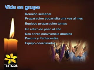 Reunión semanal
Equipos preparación temas
Pascua y Pentecostés
Un retiro de paso al año
Dos o tres convivencia anuales
Preparación eucaristía una vez al mes
Equipo coordinador
 