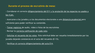 Durante el proceso de escrutinio de mesa:
- Corroborar el correcto diligenciamiento del E11 y la anulación de los espacios no usados a
las 4 pm.
- Acercarse a los jurados y a los documentos electorales a una distancia prudencial pero
suficiente para poder verificar su contenido.
- Tomar registros de audio, video o fotos de los escrutinios
- Revisar la correcta calificación de cada voto.
- Solicitar el recuento de los votos. Esta solicitud debe ser resuelta inmediatamente por los
jurados dejando constancia en el acta del recuento (E-13).
- Verificar el correcto diligenciamiento del acta E14.
 