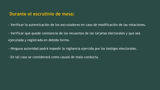 - Verificar la autenticación de los escrutadores en caso de modificación de las votaciones.
- Verificar que quede constancia de los recuentos de las tarjetas electorales y que sea
ejecutada y registrada en debida forma.
- Ninguna autoridad podrá impedir la vigilancia ejercida por los testigos electorales.
- En tal caso se considerará como causal de mala conducta.
Durante el escrutinio de mesa:
 
