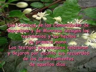 Las Crónicas de las Comunidades deLas Crónicas de las Comunidades de
Barcelona y de Manresa recogen losBarcelona y de Manresa recogen los
testimonios y los hechostestimonios y los hechos
de primera mano.de primera mano.
Los testigos presenciales relataronLos testigos presenciales relataron
y dejaron por escrito sus recuerdosy dejaron por escrito sus recuerdos
de los acontecimientosde los acontecimientos
de aquellos días.de aquellos días.
 