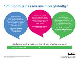 1 million businesses use hibu globally.*
Your company is
on the cutting edge in
local search advertising.
Looks like most businesses
will only need one vendor
to supply them with low
cost leads. hibu!
Gateway Collision
& Service Center
- Sandy Toscano

Between your book
and your website, I have
extinguished other forms
of advertising. This is one
investment that I’m
glad I made.
Green Leaf Pest Control
- Bernie Milligan

You have
truly separated
yourself from all the other
advertising companies. I am
conﬁdent that we will continue
to have a long-standing
relationship for years to come.
Action Professional Window
& Gutter Cleaning Service
- Tom Flynn

Add your business to our list of satisﬁed customers!
Contact us today: 203-710-0211

* Source: hibu internal statistics, financial information for the year ending March 2013.
© 2013 hibu Inc. All rights reserved.

ryan.hollembaek@hibu.com

made for business

™

 