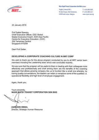 Testimonial from MRT Corp on Corporate Coaching for CEE - Prof Sattar Bawany - 22 Jan 2016