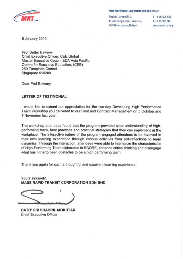 Testimonial From Mrt Corp For Cee On Score High Performance Team Work