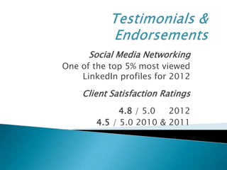 Social Media Networking
One of the top 5% most viewed
    LinkedIn profiles for 2012

    Client Satisfaction Ratings
              4.8 / 5.0  2012
        4.5 / 5.0 2010 & 2011
 