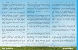 Results May Vary 5
In early 2008 my dad was diagnosed as having
Alzheimer’s but it was apparent to everyone for
several years already that his memory was toast.
He is 86 now but his memory was real bad for
the last 4 or 5 years already, and becoming a
problem to his functions in daily life.
In the fall of 2008 my dad had gone out in
his back yard to prune his trees and fell off his
ladder and broke his hip causing a lengthy stay
in hospital. He had been told the professional
people were hired to do this but he “forgot that
part”. Once he got out of the hospital he had a
small car accident which seemed to be due to
mental incompetence and his doctor pulled his
drivers license.
In early 2009 my elder siblings moved my
parents into a seniors care facility because they
felt my folks could no longer look after themselves
in their own home. My mother was having a real
difficult tie coping with his memory and changing
moods.
In about mid 2009 the doctor had a private
meeting with my elder siblings that he felt my
father would be very much deteriorated by this
Christmas, both in terms of memory loss and life
skills functions and my mother would no longer be
able to cope with his needs on her own without
daily professional help. He said our family should
prepare themselves for big negative changes in
his condition “by Christmas”. I was not involved
in all this in 2008 & 2009 since I was living in
Russia or Dubai and could only keep abreast of
things by phone & e-mail. My siblings urged me
to come home to Canada for this Christmas to
be with my dad.
After discussing all this with Bernard I started my
dad on Laminine on Sept. 21/09 so now it’s
almost 3 months. In the past month my father has
had a mini-mental exam by his doctor & he told us
that he felt our dad was somewhat better. Well,
my mother and my siblings had already noticed
a degree of improvement on their own. Yesterday
(Dec. 10), I had a long private conversation with
my folks and they felt he was getting better as
opposed to getting worse as he was expected
to do.
They do not say that there are miraculous results
to shout about, and there are still many instances
of short term memory loss; but overall they are
quite pleased that there has not been a large
step backward in his condition as we had all
anticipated. Of course it’s hard to know where
he would be at now had he not used Laminine
at all since that is “the road not taken”, but we
surmise we have lot to be thankful for.
My father is restless and wants to drive again.
The family is worried about this but he has made
an appointment for a medical Exam review of
his condition with the Drivers Medical Board
and is determined to recover his license. We will
not stand in his way. The mental assessment &
motor functions will be very difficult for him to
pass so we leave this matter up to the doctors.
They are obviously not going to put an old man
back on the road who has a medical diagnosis
of Alzheimer’s unless he can satisfy them that he
is competent to operate a vehicle again; but just
that he is even within striking distance of doing
this is a victory in our eyes for what Laminine has
done for him.
His doctor does not know that he is using
Laminine & is raving about the positive results for
the drugs he has him on, but when the smoke
clears I hardly think we as a family will be giving
the credit to prescription medication,….. we’re
not that naive.
So the overall report is good & we expect that
our father will continue to improve or at least not
slip into a hopeless Alzheimer’s condition in the
near future. It is still early in the game so to speak
and at this point we feel we are winning, and for
us this is an important step in the right direction.
-Les H.
 
Male Testimonials
 