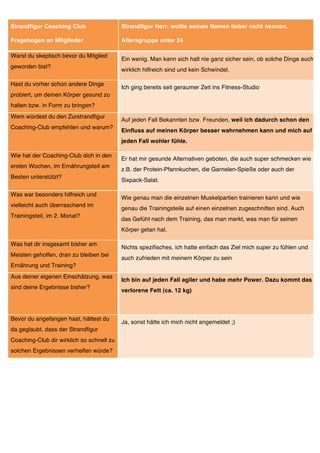 Strandfigur Coaching Club                  Strandfigur Herr, wollte seinen Namen lieber nicht nennen.

Fragebogen an Mitglieder                   Altersgruppe unter 24

Warst du skeptisch bevor du Mitglied
                                           Ein wenig. Man kann sich halt nie ganz sicher sein, ob solche Dinge auch
geworden bist?
                                           wirklich hilfreich sind und kein Schwindel.

Hast du vorher schon andere Dinge
                                           Ich ging bereits seit geraumer Zeit ins Fitness-Studio
probiert, um deinen Körper gesund zu
halten bzw. in Form zu bringen?
Wem würdest du den Zurstrandfigur
                                           Auf jeden Fall Bekannten bzw. Freunden, weil ich dadurch schon den
Coaching-Club empfehlen und warum?
                                           Einfluss auf meinen Körper besser wahrnehmen kann und mich auf
                                           jeden Fall wohler fühle.

Wie hat der Coaching-Club dich in den
                                           Er hat mir gesunde Alternativen geboten, die auch super schmecken wie
ersten Wochen, im Ernährungsteil am
                                           z.B. der Protein-Pfannkuchen, die Garnelen-Spieße oder auch der
Besten unterstützt?
                                           Sixpack-Salat.

Was war besonders hilfreich und
                                           Wie genau man die einzelnen Muskelpartien trainieren kann und wie
vielleicht auch überraschend im
                                           genau die Trainingsteile auf einen einzelnen zugeschnitten sind. Auch
Trainingsteil, im 2. Monat?
                                           das Gefühl nach dem Training, das man merkt, was man für seinen
                                           Körper getan hat.

Was hat dir insgesamt bisher am
                                           Nichts spezifisches, ich hatte einfach das Ziel mich super zu fühlen und
Meisten geholfen, dran zu bleiben bei
                                           auch zufrieden mit meinem Körper zu sein
Ernährung und Training?
Aus deiner eigenen Einschätzung, was
                                           Ich bin auf jeden Fall agiler und habe mehr Power. Dazu kommt das
sind deine Ergebnisse bisher?
                                           verlorene Fett (ca. 12 kg)



Bevor du angefangen hast, hättest du
                                           Ja, sonst hätte ich mich nicht angemeldet ;)
da geglaubt, dass der Strandfigur
Coaching-Club dir wirklich so schnell zu
solchen Ergebnissen verhelfen würde?
 