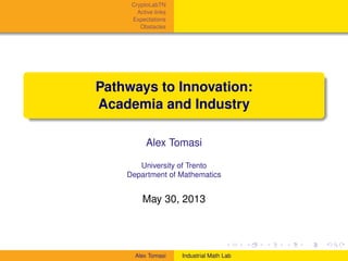 CryptoLabTN
Active links
Expectations
Obstacles

Pathways to Innovation:
Academia and Industry
Alex Tomasi
University of Trento
Department of Mathematics

May 30, 2013

Alex Tomasi

Industrial Math Lab

 