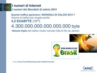 Quanto traffico generano i MONDIALI DI CALCIO 2014 ? 
Volume di traffico per singola partita 
4,3 EXABYTE (1018) 
4.300.00...