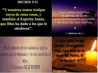 “¿Cómo, pues, invocarán a aquel en el cual no han creído?
¿Y cómo creerán en aquel de quien no han oído? ¿Y cómo
oirán sin haber quien les predique?” (Romanos 10:14)
Dios tiene diversas formas de darse a conocer:
Por la obra del
Espíritu Santo
(Hechos 5:32).
A través de la
naturaleza (Salmo
19:1).
Por circunstancias o
providencias
especiales (1ª de
Crónicas 16:12).
Por la vida y
ministerio de Jesús
(Juan 1:18).
A pesar de disponer de todos estos medios, Dios ha
querido usarnos a nosotros como canales para transmitir el
plan de salvación.
Él quiere que los que hemos aceptado la Salvación la
compartamos con los demás. Quiere que demos de aquello
que hemos recibido, dando a otros la oportunidad de
alcanzar la vida eterna (Mateo 10:8; Santiago 5:20).
 