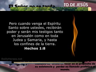 “Por tanto, id, y haced discípulos a todas las naciones, bautizándolos
en el nombre del Padre, y del Hijo, y del Espíritu Santo” (Mateo 28:19)
Diosdeseafervientemente “que ninguno
perezca, sino que todos procedan
al arrepentimiento” (2ª dePedro3:9).
Por esta razón, nos ha dado la
orden de compartir el Evangelio
con todo el mundo. Es más, espera
pacientemente a que cumplamos
esa orden (Mateo 24:14).
A través de la historia, Dios ha escogido a
hombres (2P 2:5; Gn. 12:1-3), naciones (Is.
49:6) y pueblos (Hch. 1:8) con el propósito de
que diesen a conocer la Salvación al mundo.
Para la iglesia, descuidar o minimizar el
mandato de Cristo es fallar en el propósito de
su existencia y perder su llamado profético al
mundo.
 