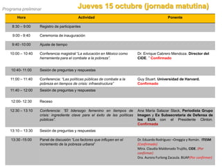 Programa preliminar
                                          Jueves 15 octubre (jornada matutina)
       Hora                               Actividad                                              Ponente

    8:30 – 9:00    Registro de participantes

     9:00 - 9:40   Ceremonia de inauguración

    9:40 -10:00    Ajuste de tiempo

   10:00 – 10:40   Conferencia magistral “La educación en México como         Dr. Enrique Cabrero Mendoza. Director del
                   herramienta para el combate a la pobreza”.                 CIDE. ” Confirmado


    10:40- 11:00   Sesión de preguntas y respuestas

   11:00 – 11:40   Conferencia: “Las políticas públicas de combate a la       Guy Stuart. Universidad de Harvard.
                   pobreza en tiempos de crisis: infraestructura”             Confirmado
   11:40 – 12:00   Sesión de preguntas y respuestas


    12:00- 12:30   Receso

   12:30 – 13:10   Conferencia: “El liderazgo femenino en tiempos de          Ana María Salazar Slack, Periodista Grupo
                   crisis: ingrediente clave para el éxito de las políticas   Imagen y Ex Subsecretaria de Defensa de
                   públicas”.                                                 los EUA con el Presidente Clinton.
                                                                              Confirmada
   13:10 – 13:30   Sesión de preguntas y respuestas

    13:30 -15:00   Panel de discusión “Los factores que influyen en el        Dr. Eduardo Rodríguez –Oreggia y Román. ITESM
                   incremento de la pobreza urbana”                           (Confirmado)
                                                                              Mtra. Claudia Maldonado Trujillo, CIDE. (Por
                                                                              confirmar)
                                                                              Dra. Aurora Furlong Zacaula. BUAP(Por confirmar)
 