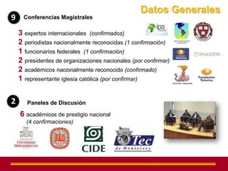 Datos Generales
9     Conferencias Magistrales

    3 expertos internacionales (confirmados)
    2 periodistas nacionalmente reconocidas (1 confirmación)
    1 funcionarios federales (1 confirmación)
    2 presidentes de organizaciones nacionales (por confirmar)
    2 académicos nacionalmente reconocido (confirmado)
    1 representante iglesia católica (por confirmar)


2      Paneles de Discusión

    6 académicos de prestigio nacional
       (4 confirmaciones)
 