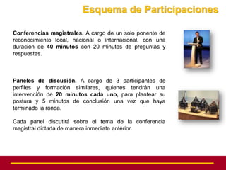 Esquema de Participaciones

Conferencias magistrales. A cargo de un solo ponente de
reconocimiento local, nacional o internacional, con una
duración de 40 minutos con 20 minutos de preguntas y
respuestas.



Paneles de discusión. A cargo de 3 participantes de
perfiles y formación similares, quienes tendrán una
intervención de 20 minutos cada uno, para plantear su
postura y 5 minutos de conclusión una vez que haya
terminado la ronda.

Cada panel discutirá sobre el tema de la conferencia
magistral dictada de manera inmediata anterior.
 