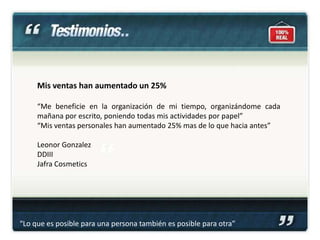 Mis ventas han aumentado un 25%

     “Me beneficie en la organización de mi tiempo, organizándome cada
     mañana por escrito, poniendo todas mis actividades por papel”
     “Mis ventas personales han aumentado 25% mas de lo que hacia antes”

     Leonor Gonzalez
     DDIII
     Jafra Cosmetics




“Lo que es posible para una persona también es posible para otra”
 