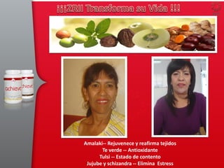 Amalaki-- Rejuvenece y reafirma tejidos
Te verde -- Antioxidante
Tulsi -- Estado de contento
Jujube y schizandra -- Elimina Estress
 