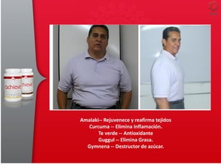 Amalaki-- Rejuvenece y reafirma tejidos
Curcuma -- Elimina Inflamación.
Te verde -- Antioxidante
Guggul -- Elimina Grasa.
Gymnena -- Destructor de azúcar.
 