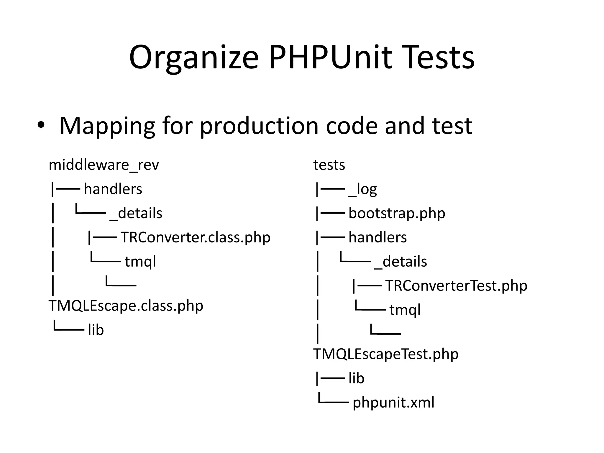 Organize PHPUnit Tests
• Mapping for production code and test
 middleware_rev                  tests
 |── handlers                    |── _log
 │ └── _details                  |── bootstrap.php
 │   |── TRConverter.class.php   |── handlers
 │   └── tmql                    │ └── _details
 │      └──                      │     |── TRConverterTest.php
 TMQLEscape.class.php            │     └── tmql
 └── lib                         │       └──
                                 TMQLEscapeTest.php
                                 |── lib
                                 └── phpunit.xml
 