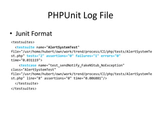 PHPUnit Log File
• Junit Format
<testsuites>
  <testsuite name="AlertSystemTest"
file="/usr/home/hubert/own/work/trend/process/CI/php/tests/AlertSystemTe
st.php" tests="2" assertions="0" failures="1" errors="0"
time="0.031119">
    <testcase name="test_sendNotify_FakeNStub_NoException"
class="AlertSystemTest"
file="/usr/home/hubert/own/work/trend/process/CI/php/tests/AlertSystemTe
st.php" line="8" assertions="0" time="0.006881"/>
  </testsuite>
</testsuites>
 