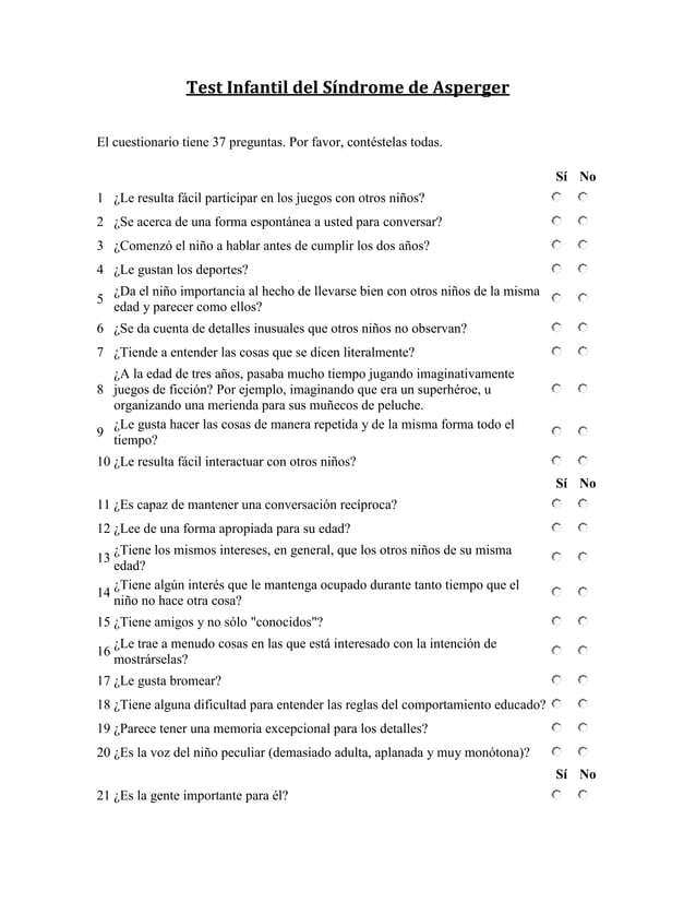 Test infantil del síndrome de asperger PDF