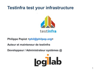 Testinfra test your infrastructure
Philippe Pepiot <phil@philpep.org>
Auteur et mainteneur de testinfra
Developpeur / Administrateur systèmes @
1
 