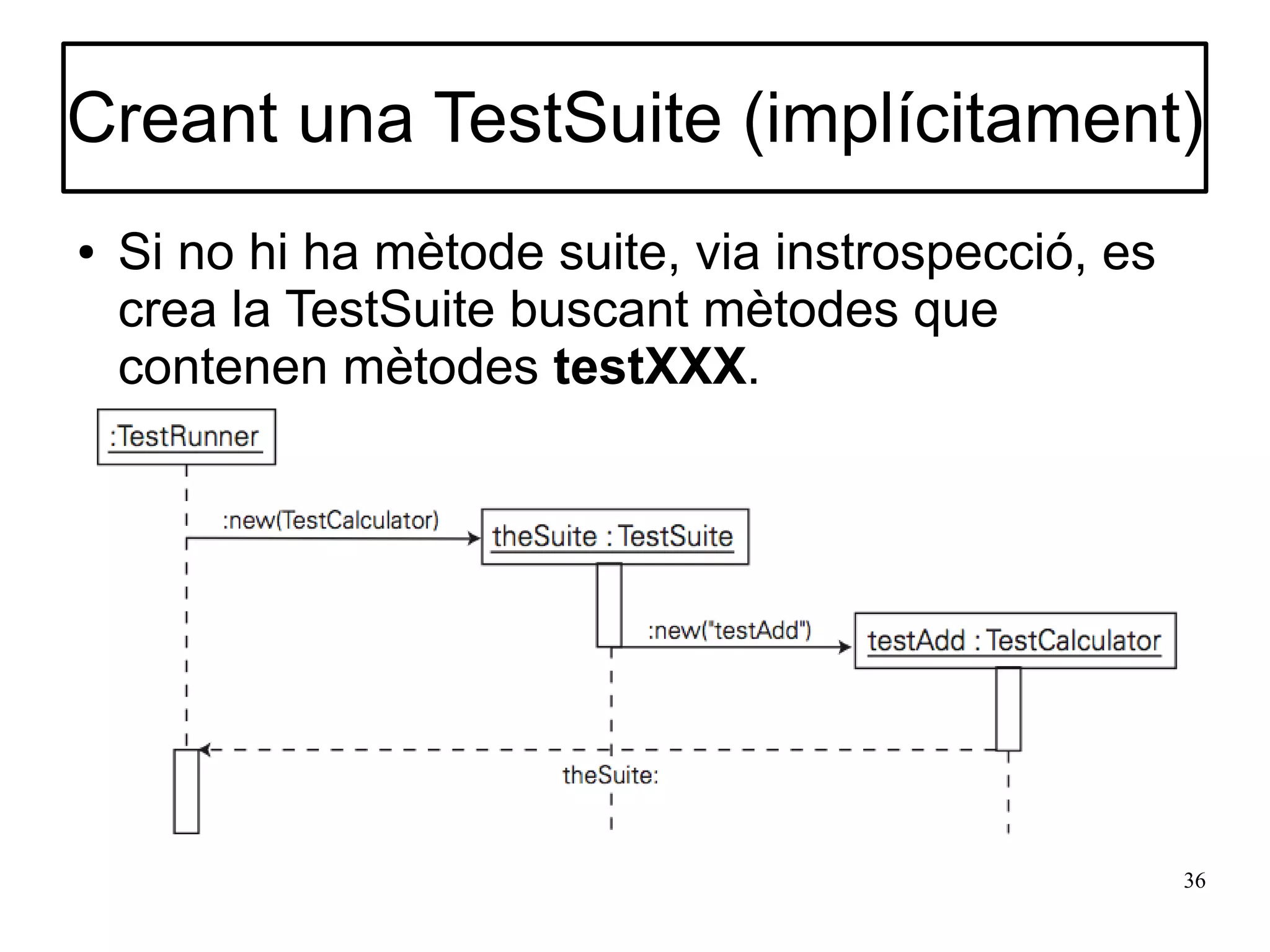 Creant una TestSuite (implícitament)
●   Si no hi ha mètode suite, via instrospecció, es
    crea la TestSuite buscant mètodes que
    contenen mètodes testXXX.




                                                      36
 