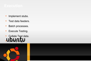 Execution Implement stubs. Test data feeders. Batch processes. Execute Testing. Collate Test data. Identify Bugs. 