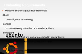 Evaluating Requirements What constitutes a good Requirements? -Clear Unambiguous terminology. -concise no unnecessary narrative or non-relevant facts. -consistent Requirements that are similar are stated in similar terms. Requirements do not conflict with each other. -Complete All functionality needed to satisfy the goals of the system. 