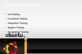Software testing phase Unit testing. Functional Testing. Integration Testing. System Testing. Acceptance Testing. Interface Testing. Regressive Testing. Special Testing. 